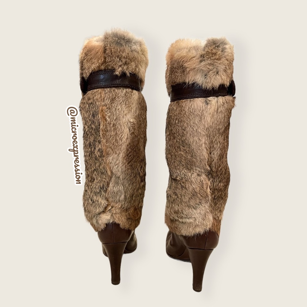 $699 RARE Frye Ava Rabbit Fur Vintage Luxury Brown Leather Stiletto Heel Boot - Picture 4 of 10